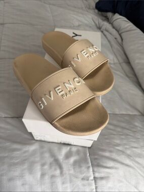 Givenchy Beige Logo Slide Sandals with White Raised Letters
